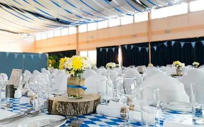 Decorated wedding tent with set tables