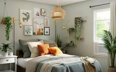 Cosy bedroom with plants in a home stay
